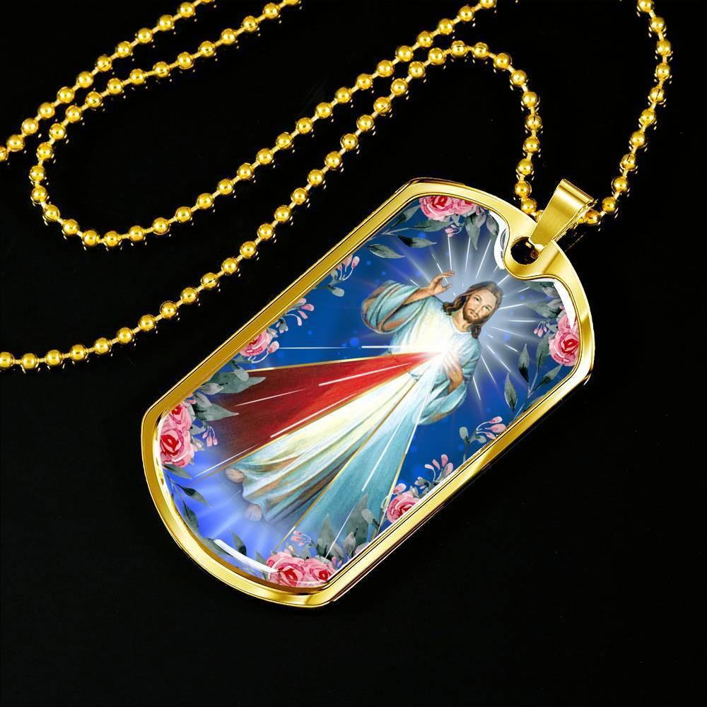 Divine Mercy Catholic Necklace Stainless Steel or 18k Gold Dog Tag 24" Chain-Express Your Love Gifts