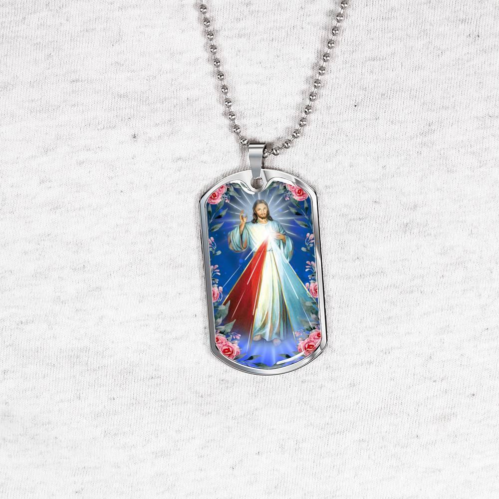 Divine Mercy Catholic Necklace Stainless Steel or 18k Gold Dog Tag 24" Chain-Express Your Love Gifts