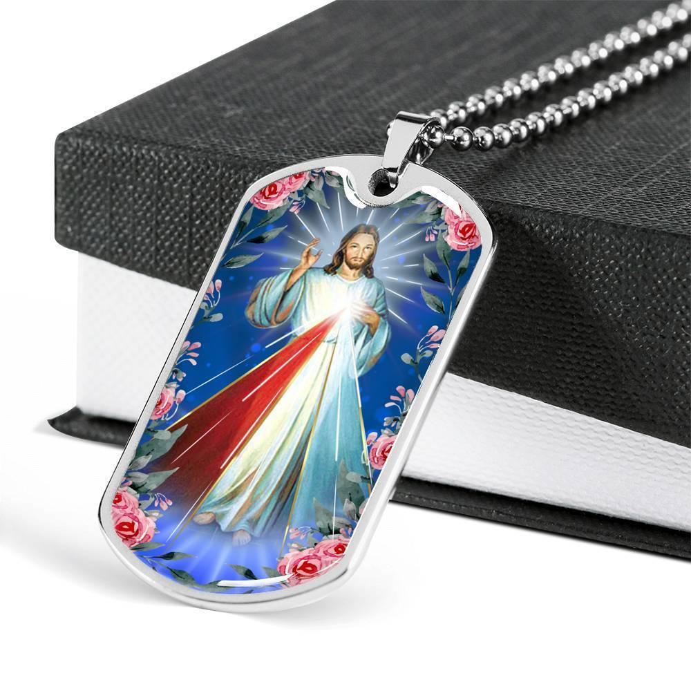 Divine Mercy Catholic Necklace Stainless Steel or 18k Gold Dog Tag 24" Chain-Express Your Love Gifts