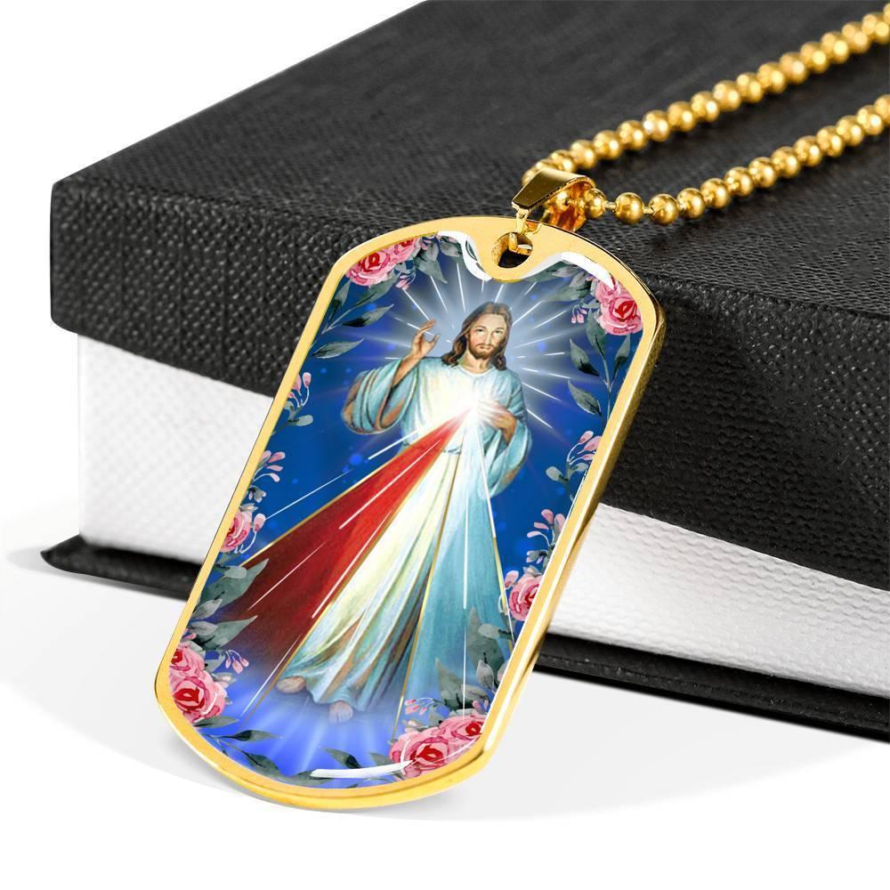 Divine Mercy Catholic Necklace Stainless Steel or 18k Gold Dog Tag 24" Chain-Express Your Love Gifts