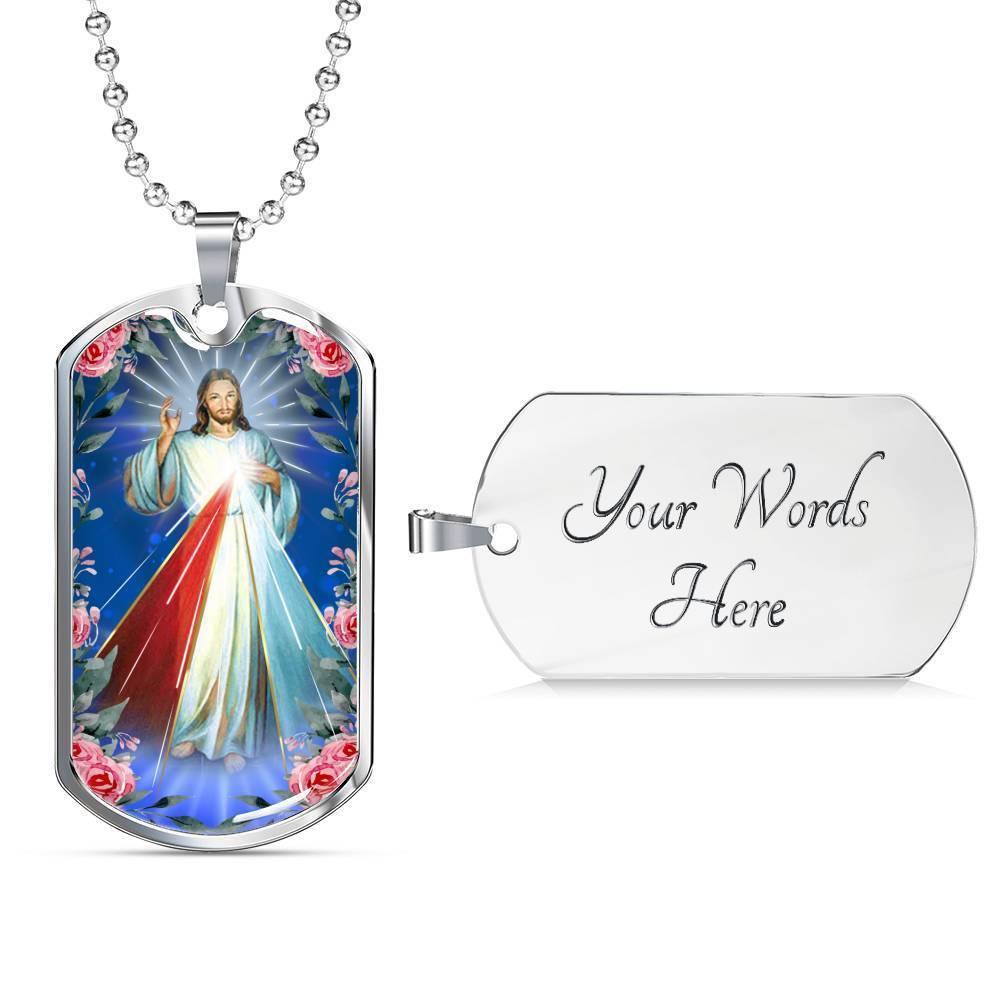 Divine Mercy Catholic Necklace Stainless Steel or 18k Gold Dog Tag 24" Chain-Express Your Love Gifts