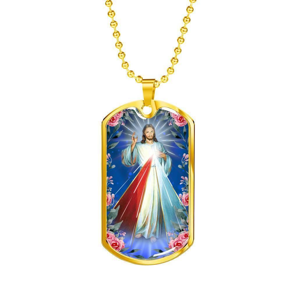 Divine Mercy Catholic Necklace Stainless Steel or 18k Gold Dog Tag 24" Chain-Express Your Love Gifts