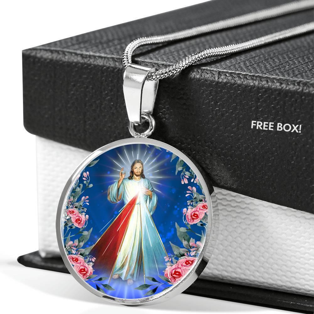 Divine Mercy Catholic Prayer To Jesus Circle Necklace Stainless Steel or 18k Gold 18-22" - Express Your Love Gifts
