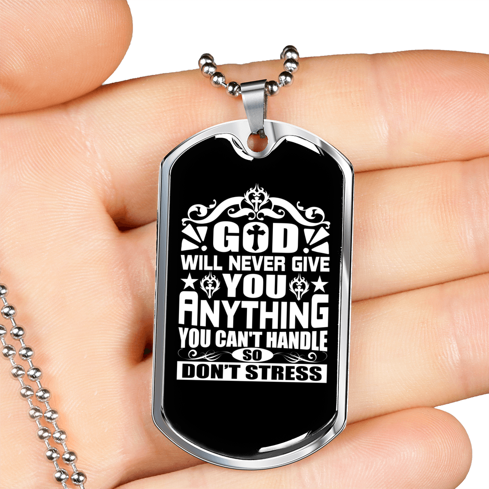 Don't Stress Necklace Stainless Steel or 18k Gold Dog Tag 24" Chain-Express Your Love Gifts