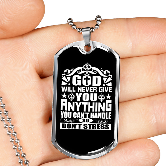 Don't Stress Necklace Stainless Steel or 18k Gold Dog Tag 24" Chain-Express Your Love Gifts