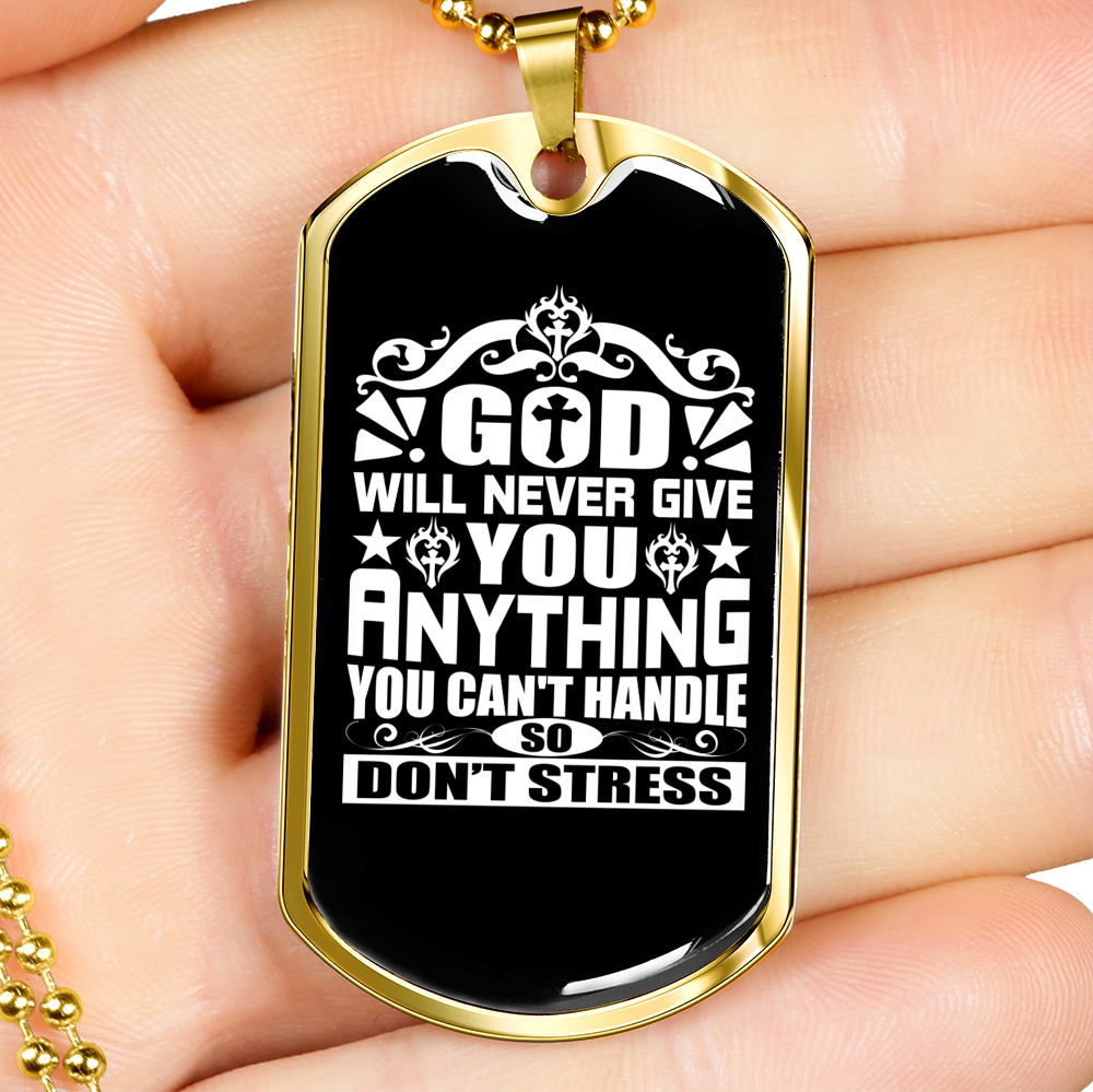Don't Stress Necklace Stainless Steel or 18k Gold Dog Tag 24" Chain-Express Your Love Gifts