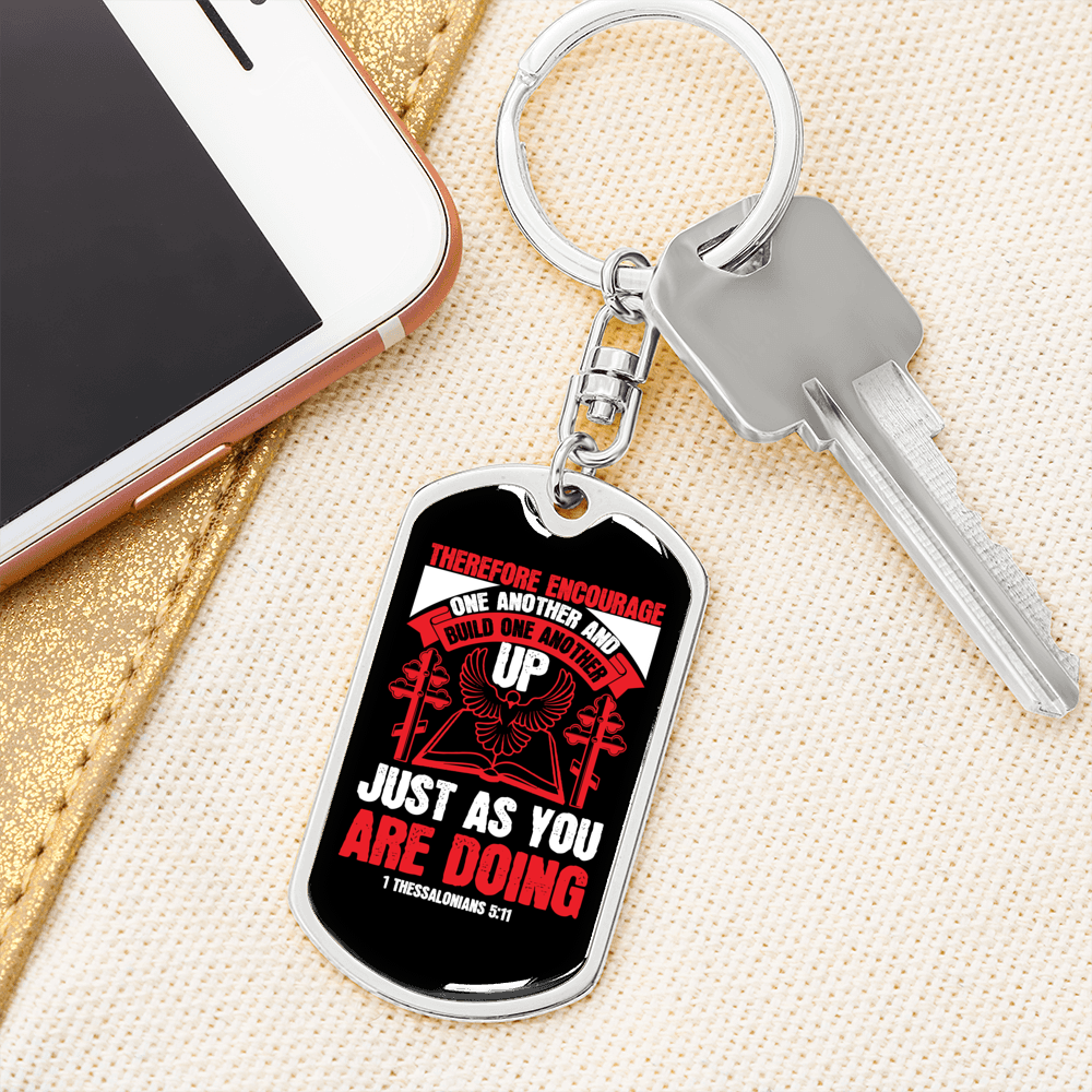 Encourage One 1 Thessalonians 5:11Keychain Stainless Steel or 18k Gold Dog Tag Keyring-Express Your Love Gifts