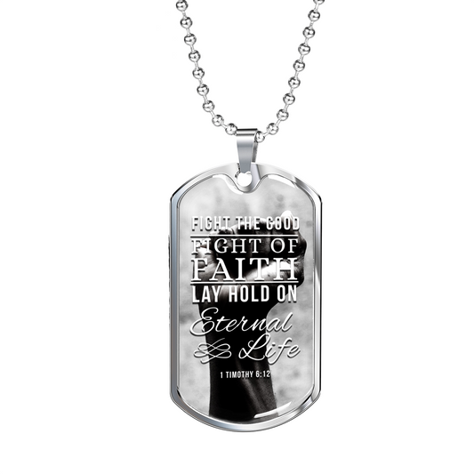 Good Fight of Faith Necklace Stainless Steel or 18k Gold Dog Tag w 24" Chain