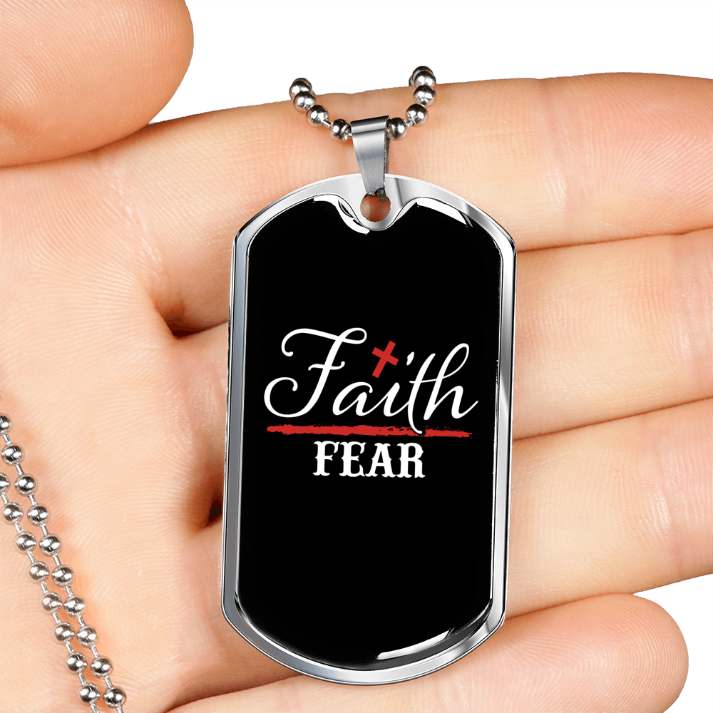 Faith Fear Cross Necklace Stainless Steel or 18k Gold Dog Tag 24" Chain-Express Your Love Gifts