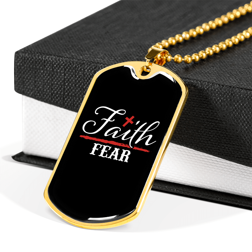 Faith Fear Cross Necklace Stainless Steel or 18k Gold Dog Tag 24" Chain-Express Your Love Gifts