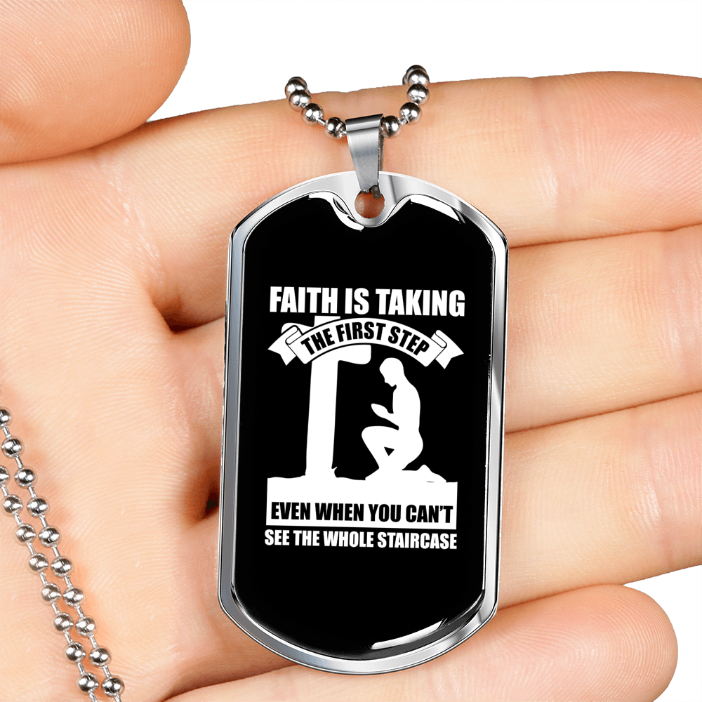 Faith First Step Necklace Stainless Steel or 18k Gold Dog Tag 24" Chain-Express Your Love Gifts