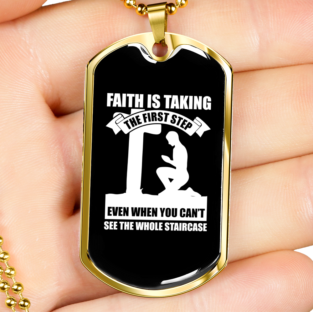 Faith First Step Necklace Stainless Steel or 18k Gold Dog Tag 24" Chain-Express Your Love Gifts