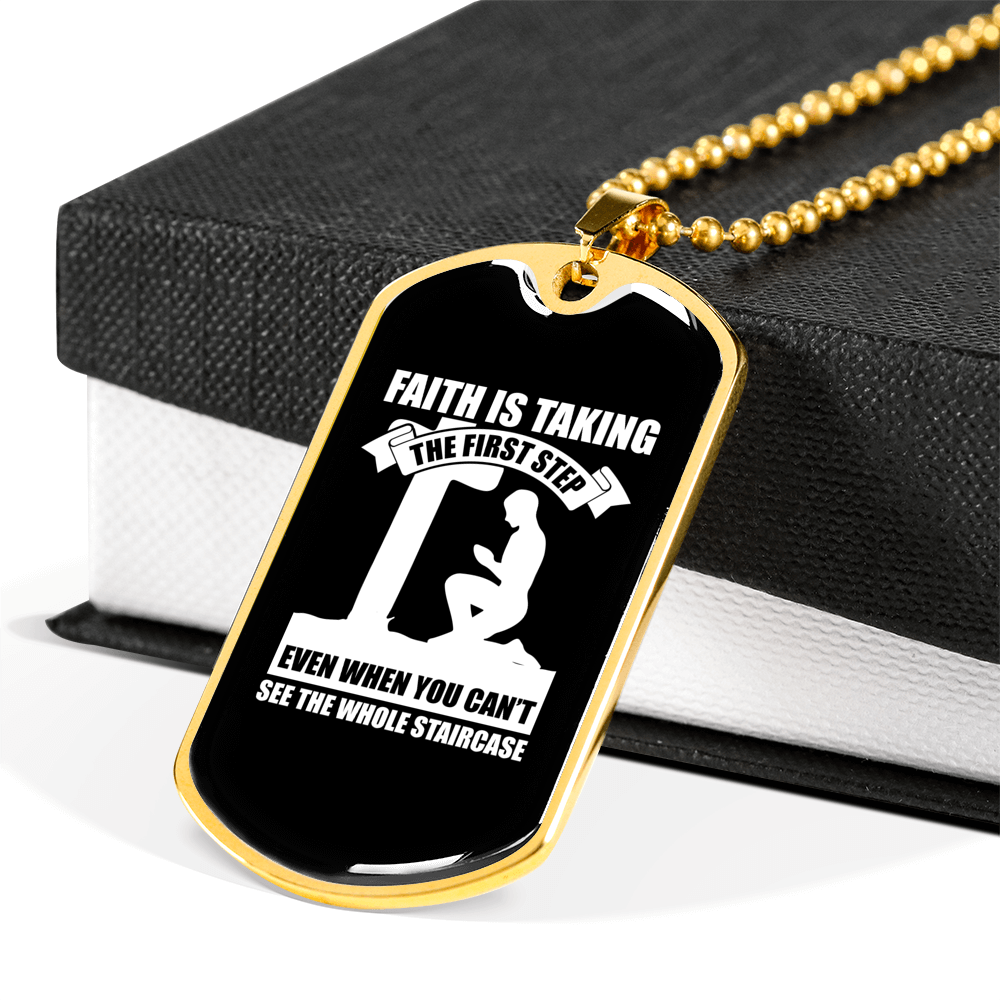 Faith First Step Necklace Stainless Steel or 18k Gold Dog Tag 24" Chain-Express Your Love Gifts