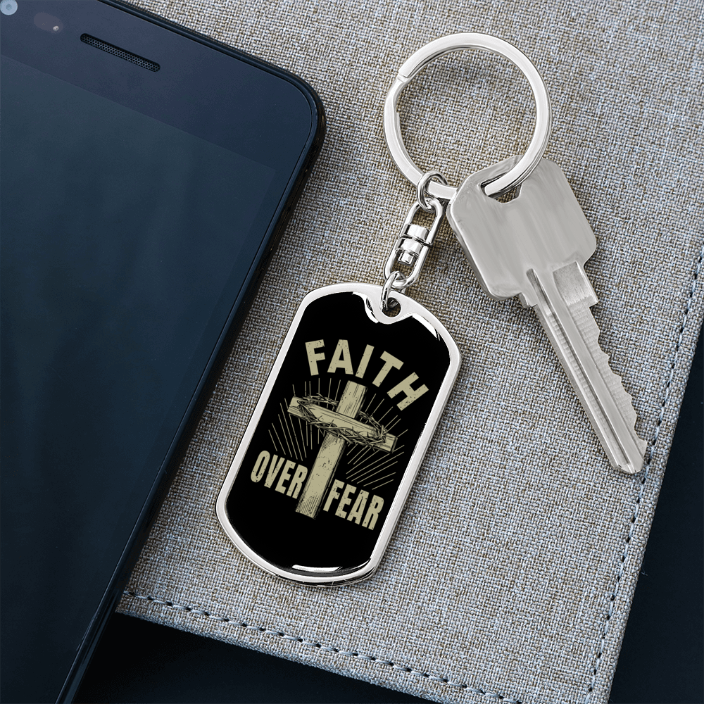 Faith Over Fear Cross Keychain Stainless Steel or 18k Gold Dog Tag Keyring-Express Your Love Gifts