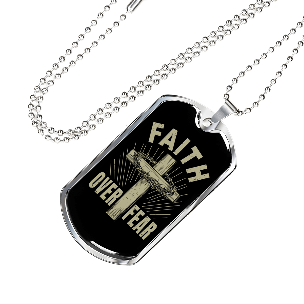 Faith Over Fear Cross Necklace Stainless Steel or 18k Gold Dog Tag 24" Chain-Express Your Love Gifts