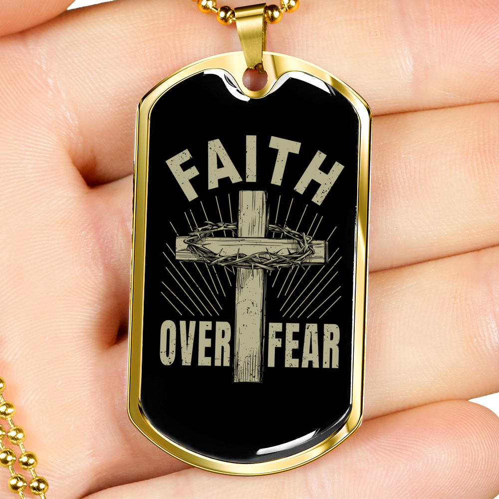Faith Over Fear Cross Necklace Stainless Steel or 18k Gold Dog Tag 24" Chain-Express Your Love Gifts
