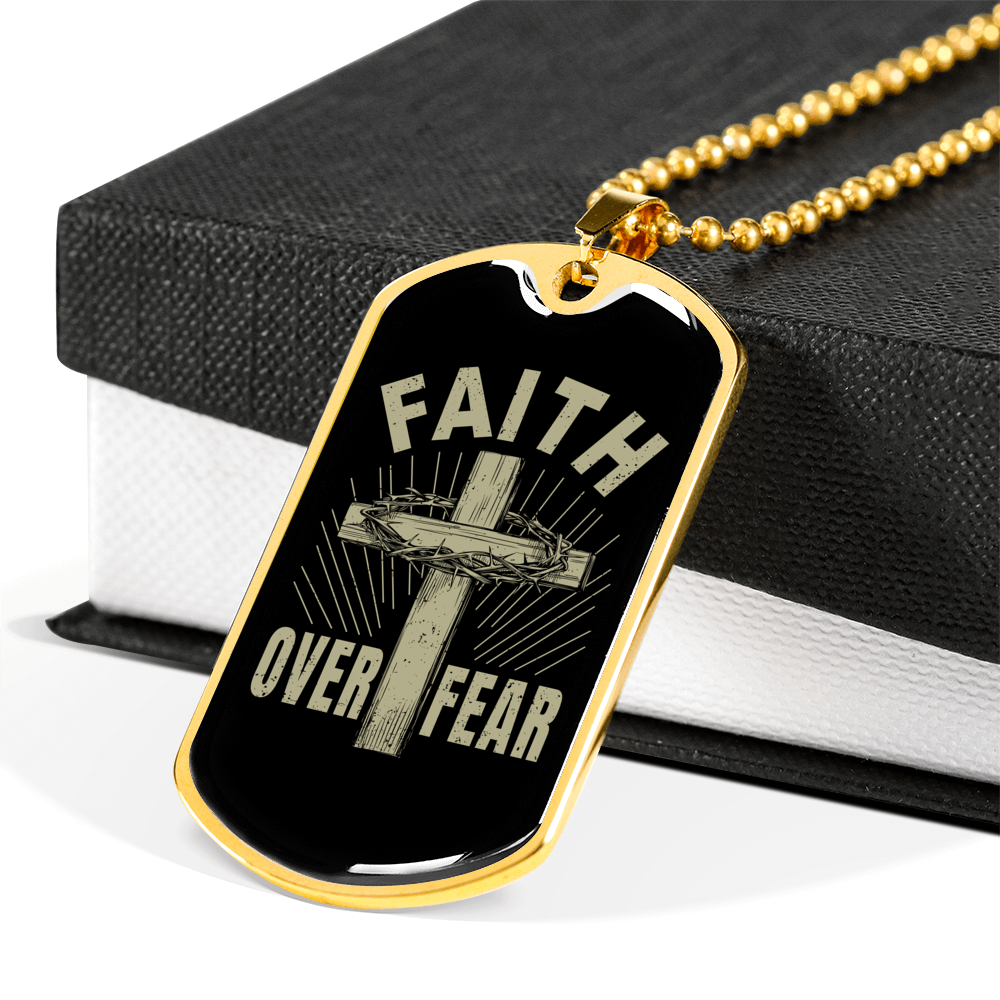 Faith Over Fear Cross Necklace Stainless Steel or 18k Gold Dog Tag 24" Chain-Express Your Love Gifts