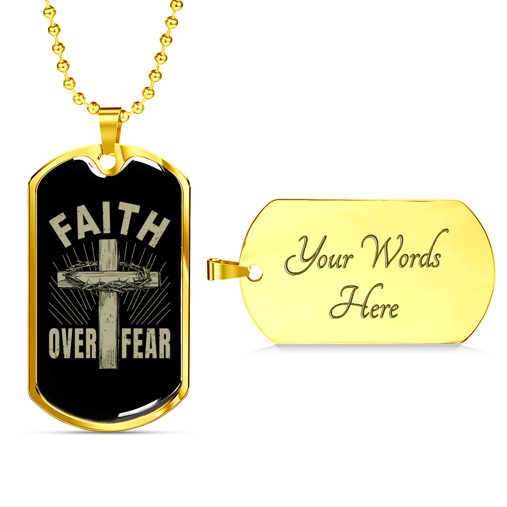 Faith Over Fear Cross Necklace Stainless Steel or 18k Gold Dog Tag 24" Chain-Express Your Love Gifts