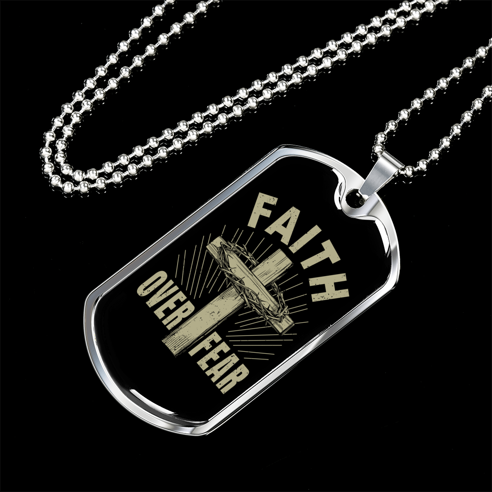 Faith Over Fear Cross Necklace Stainless Steel or 18k Gold Dog Tag 24" Chain-Express Your Love Gifts