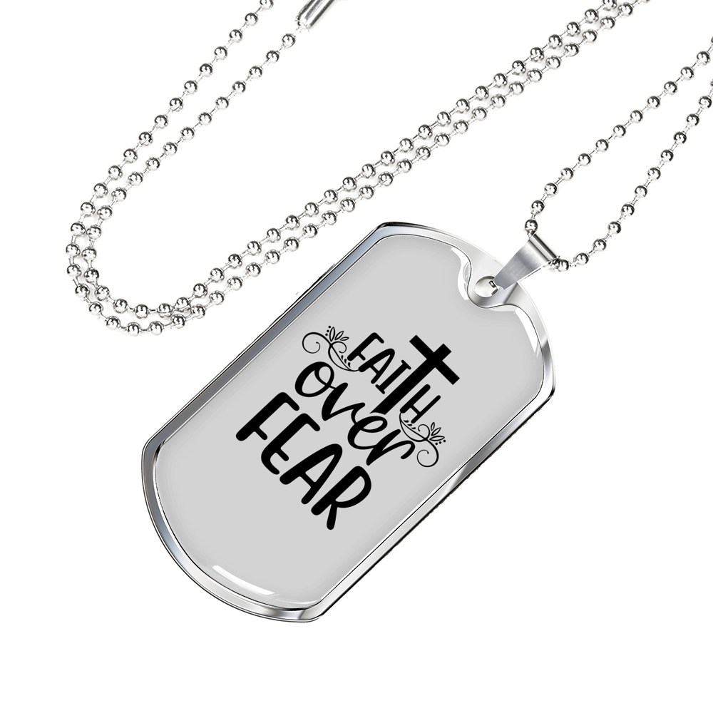 Faith Over Fear Cross White Necklace Stainless Steel or 18k Gold Dog Tag 24" Chain-Express Your Love Gifts