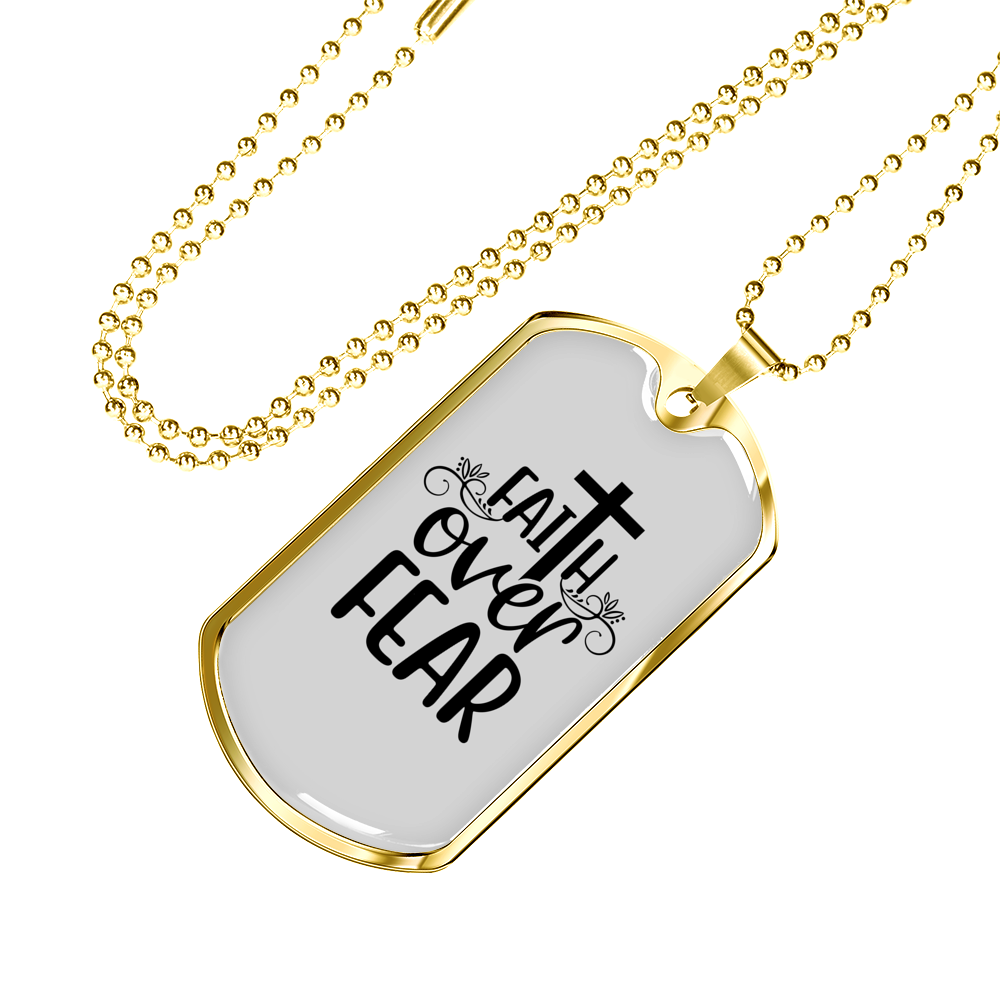 Faith Over Fear Cross White Necklace Stainless Steel or 18k Gold Dog Tag 24" Chain-Express Your Love Gifts