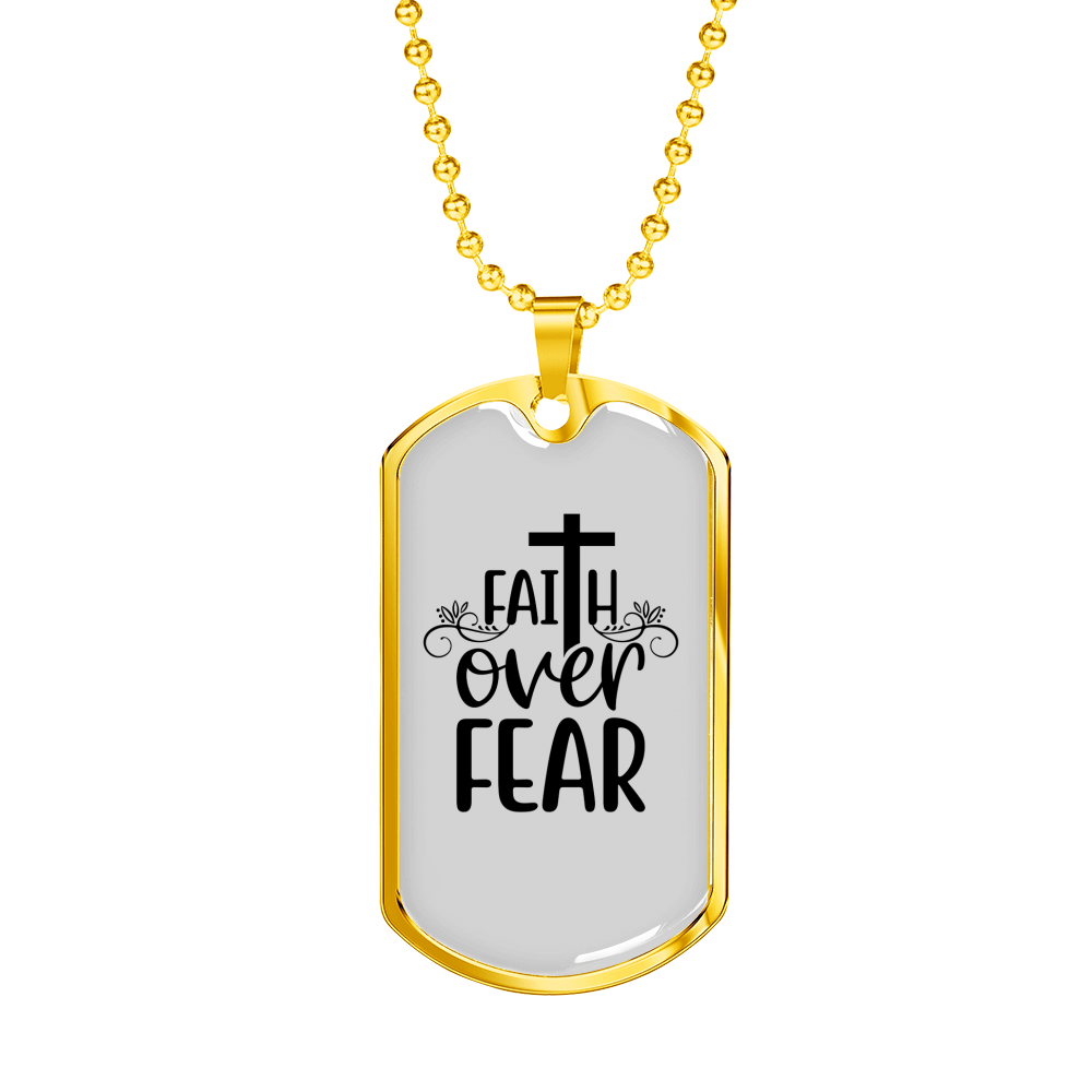 Faith Over Fear Cross White Necklace Stainless Steel or 18k Gold Dog Tag 24" Chain-Express Your Love Gifts