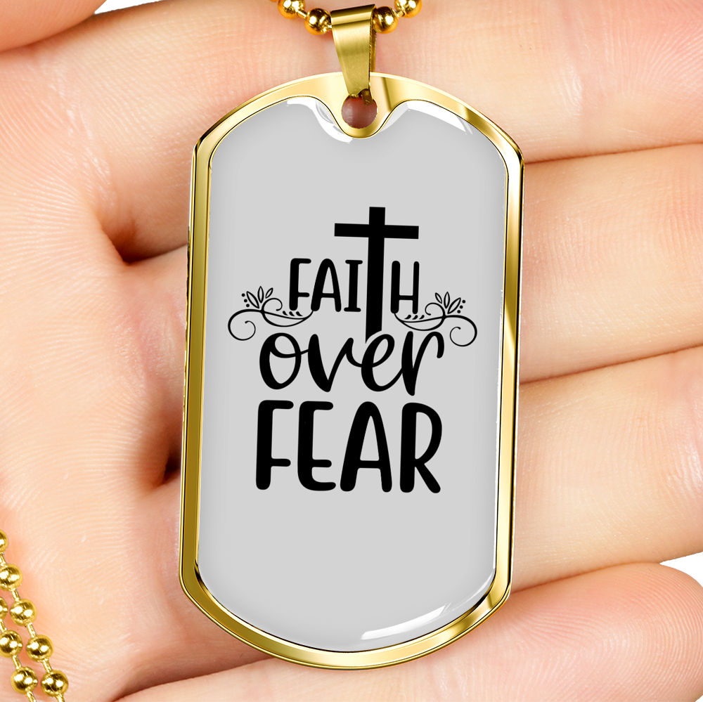 Faith Over Fear Cross White Necklace Stainless Steel or 18k Gold Dog Tag 24" Chain-Express Your Love Gifts
