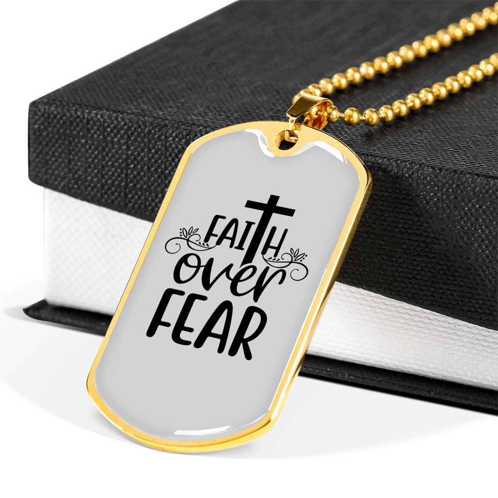Faith Over Fear Cross White Necklace Stainless Steel or 18k Gold Dog Tag 24" Chain-Express Your Love Gifts