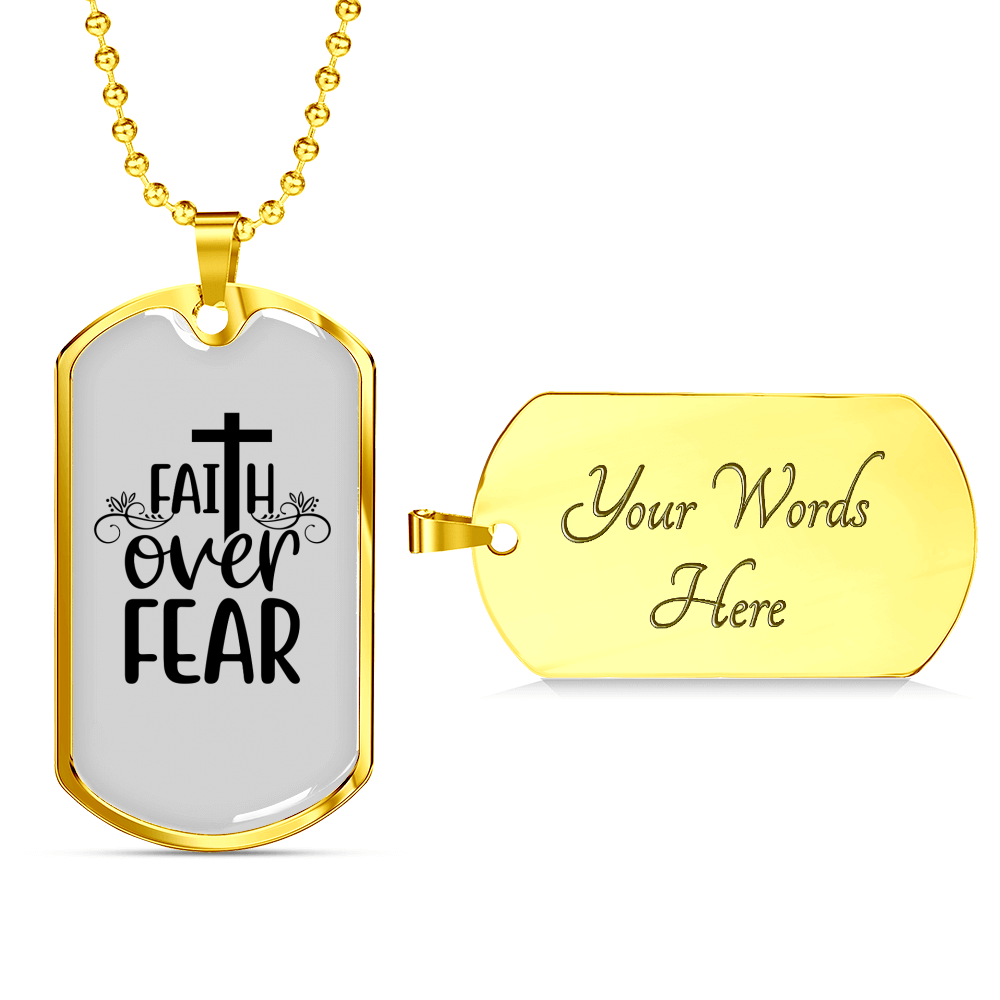 Faith Over Fear Cross White Necklace Stainless Steel or 18k Gold Dog Tag 24" Chain-Express Your Love Gifts