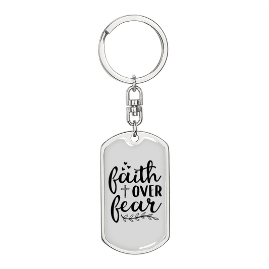 Faith Over Fear Cursive White Keychain Stainless Steel or 18k Gold Dog Tag Keyring-Express Your Love Gifts