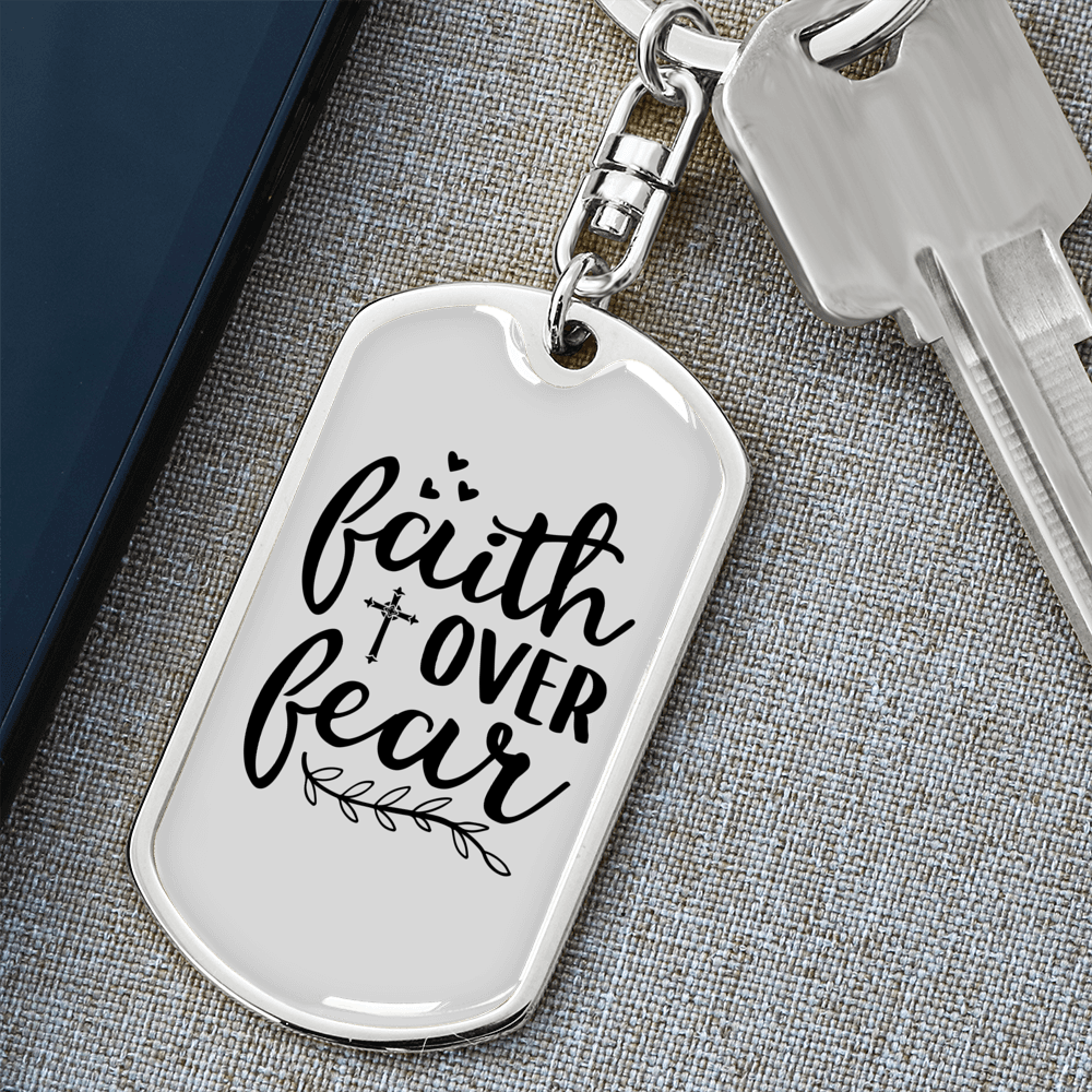 Faith Over Fear Cursive White Keychain Stainless Steel or 18k Gold Dog Tag Keyring-Express Your Love Gifts