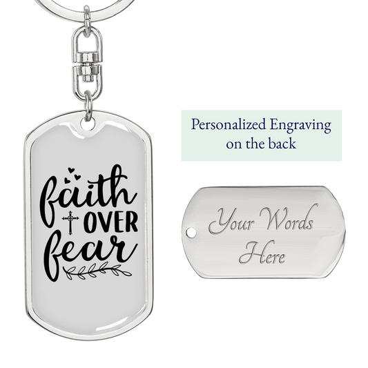 Faith Over Fear Cursive White Keychain Stainless Steel or 18k Gold Dog Tag Keyring-Express Your Love Gifts