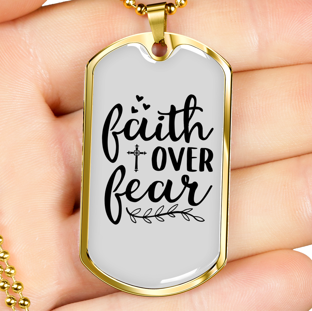 Faith Over Fear Heart Cross Necklace Stainless Steel or 18k Gold Dog Tag 24" Chain-Express Your Love Gifts