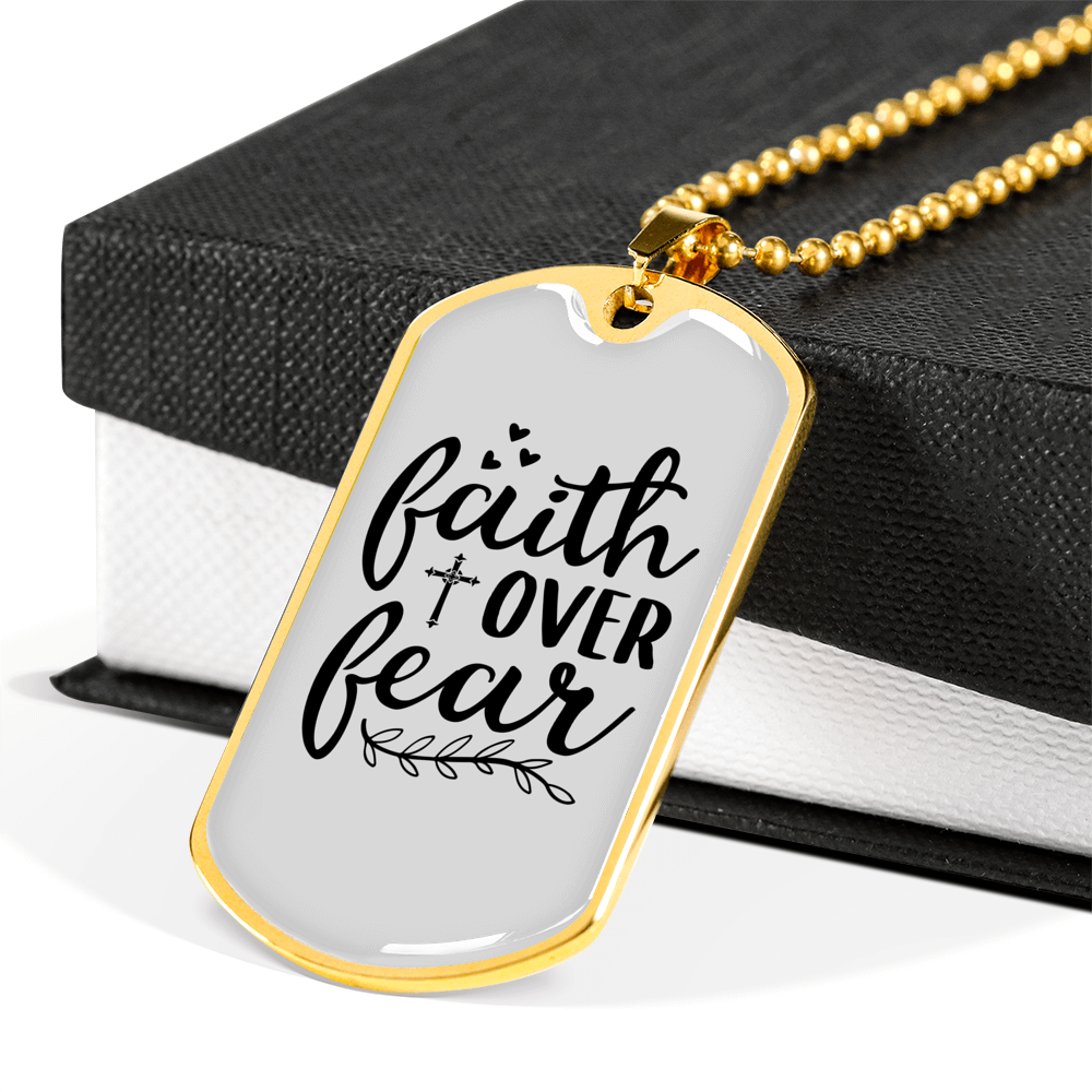 Faith Over Fear Heart Cross Necklace Stainless Steel or 18k Gold Dog Tag 24" Chain-Express Your Love Gifts