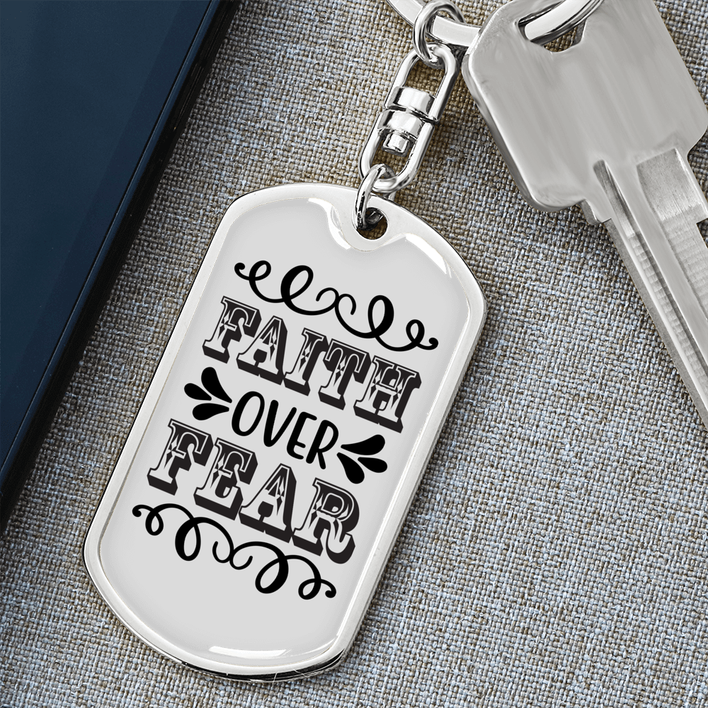 Faith Over Fear White Keychain Stainless Steel or 18k Gold Dog Tag Keyring-Express Your Love Gifts