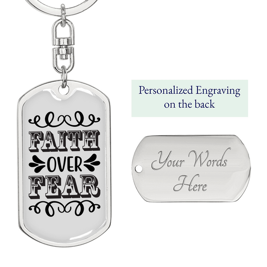 Faith Over Fear White Keychain Stainless Steel or 18k Gold Dog Tag Keyring-Express Your Love Gifts