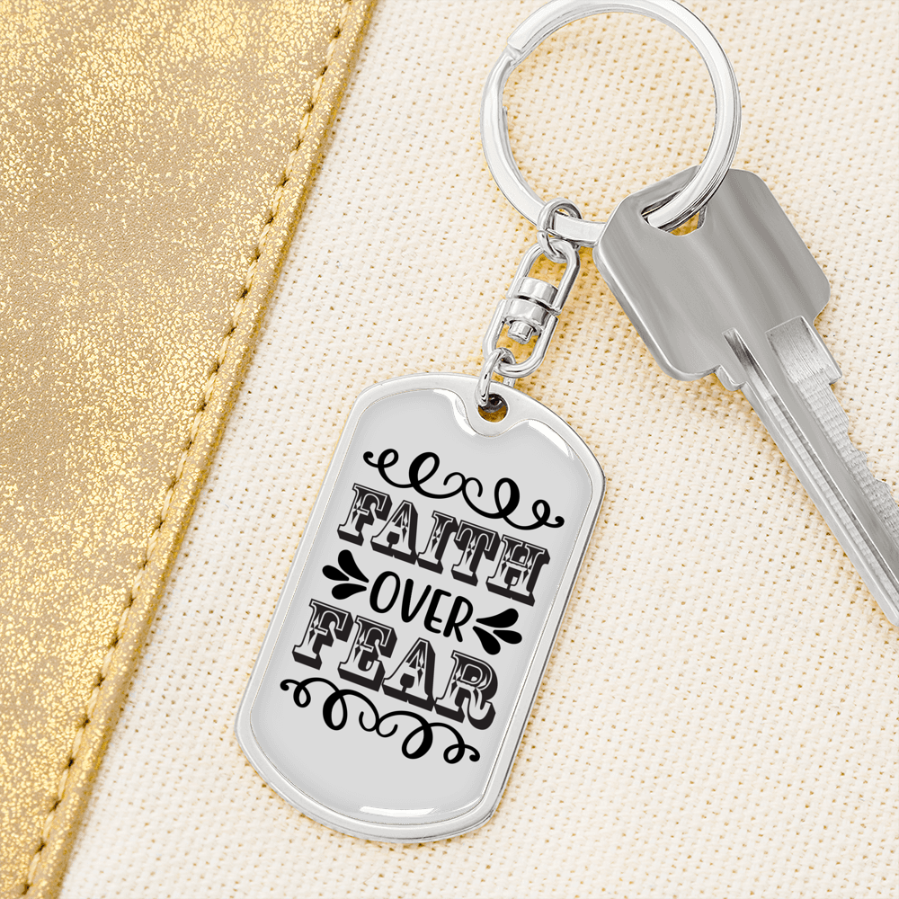 Faith Over Fear White Keychain Stainless Steel or 18k Gold Dog Tag Keyring-Express Your Love Gifts