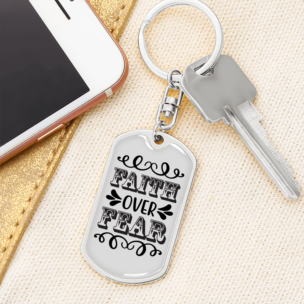 Faith Over Fear White Keychain Stainless Steel or 18k Gold Dog Tag Keyring-Express Your Love Gifts