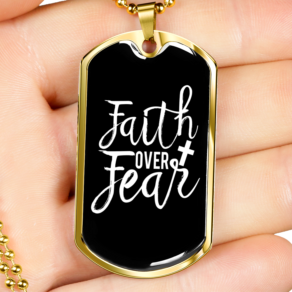 Faith Over Fear White Necklace Stainless Steel or 18k Gold Dog Tag 24" Chain-Express Your Love Gifts