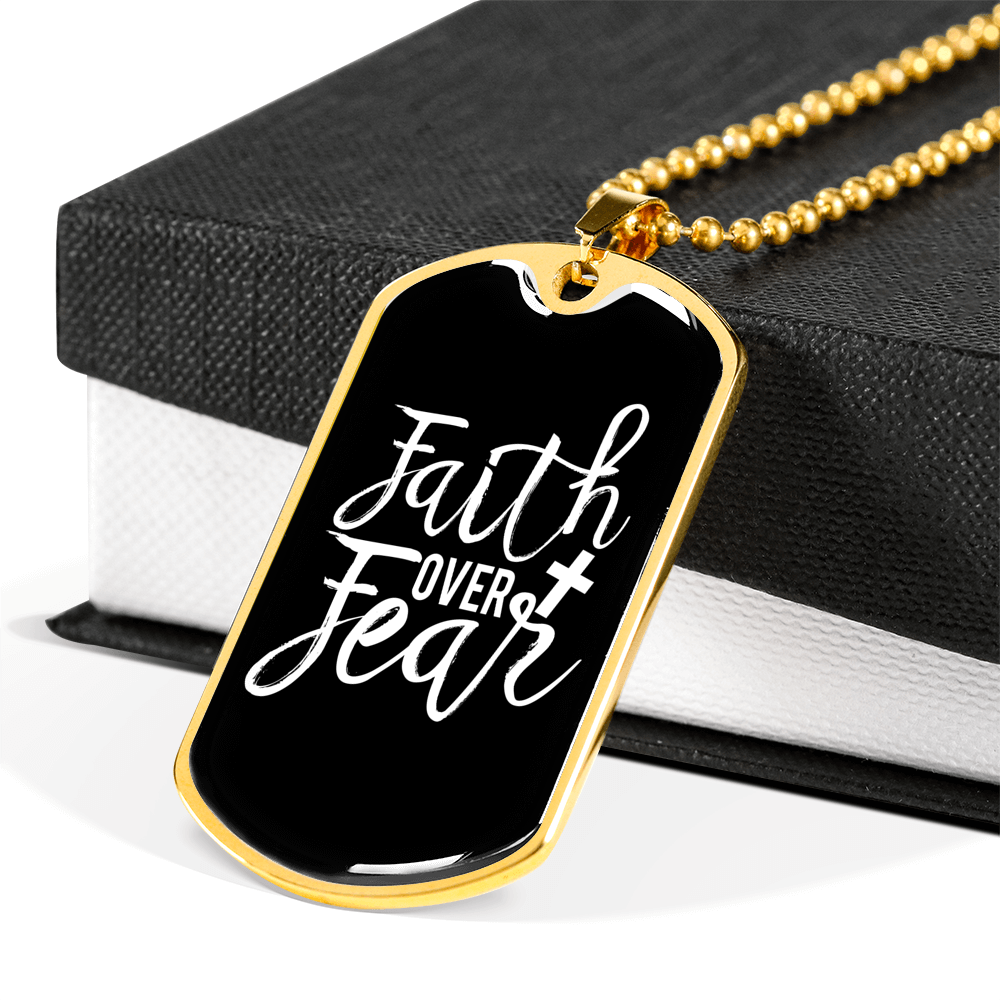 Faith Over Fear White Necklace Stainless Steel or 18k Gold Dog Tag 24" Chain-Express Your Love Gifts