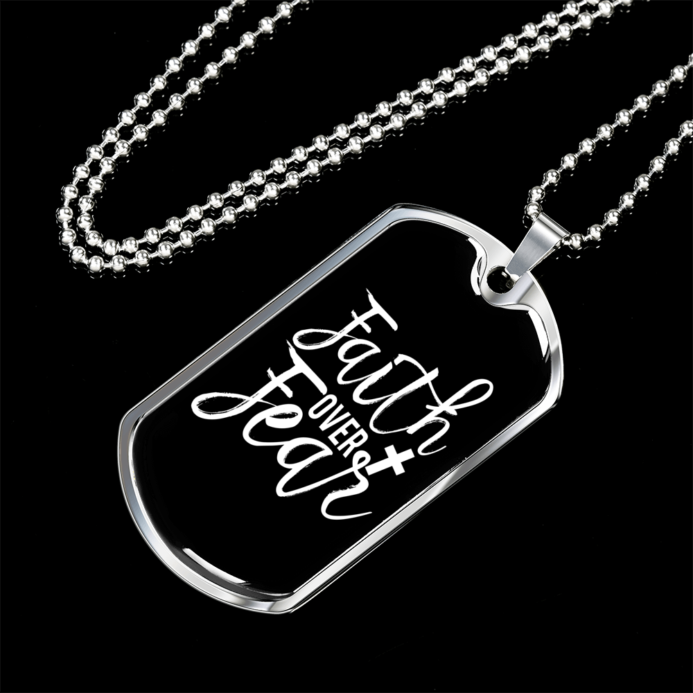 Faith Over Fear White Necklace Stainless Steel or 18k Gold Dog Tag 24" Chain-Express Your Love Gifts