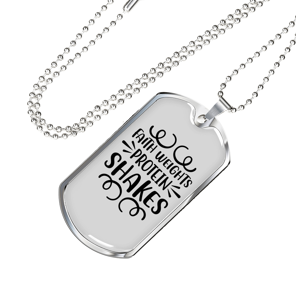 Faith Weights Protein Shakes Necklace Stainless Steel or 18k Gold Dog Tag 24" Chain-Express Your Love Gifts