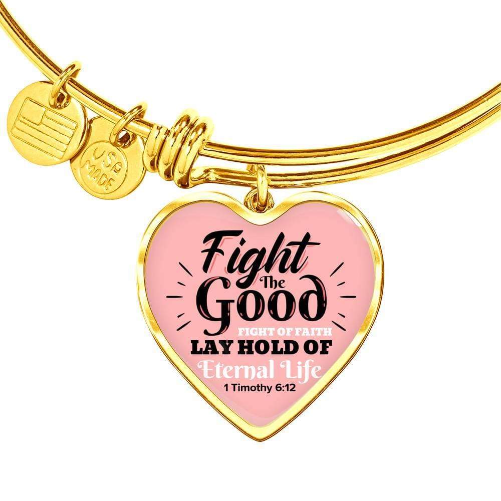 Fight The Good Fight Stainless Steel or 18k Gold Heart Bangle Bracelet - Express Your Love Gifts
