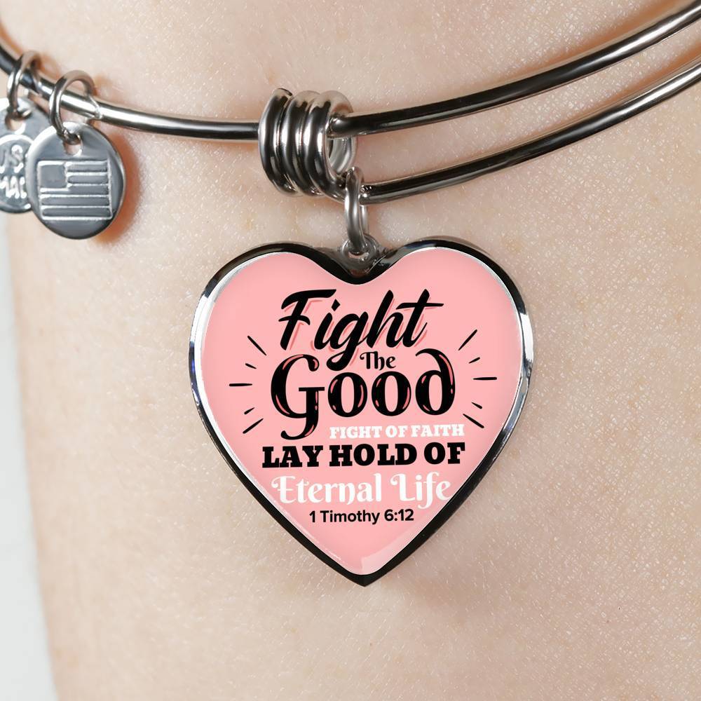 Fight The Good Fight Stainless Steel or 18k Gold Heart Bangle Bracelet - Express Your Love Gifts