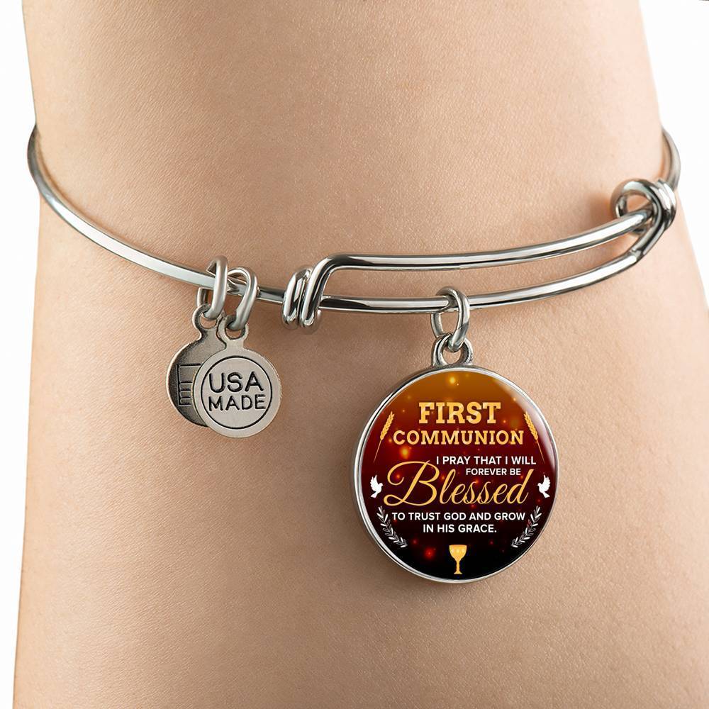Forever Be Blessed First Communion Stainless Steel or 18k Gold Circle Bangle Bracelet - Express Your Love Gifts