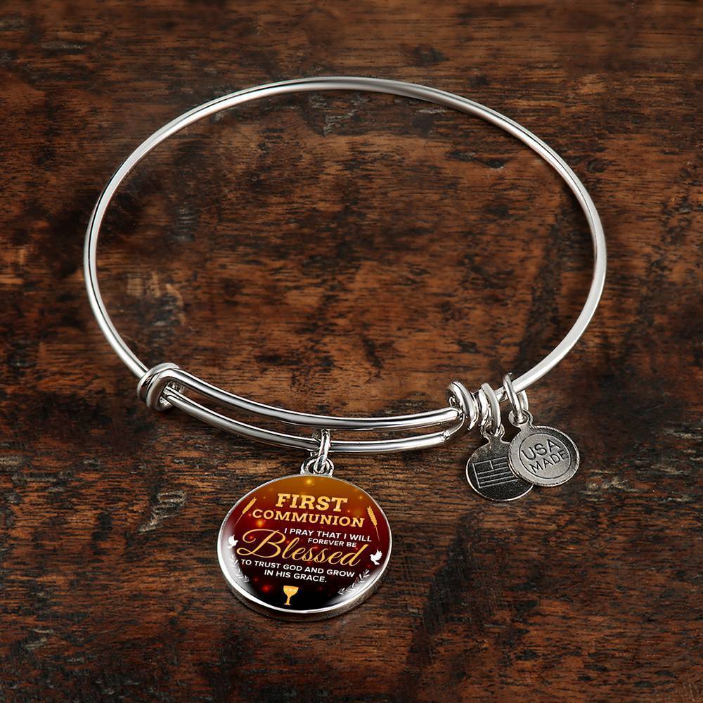Forever Be Blessed First Communion Stainless Steel or 18k Gold Circle Bangle Bracelet - Express Your Love Gifts
