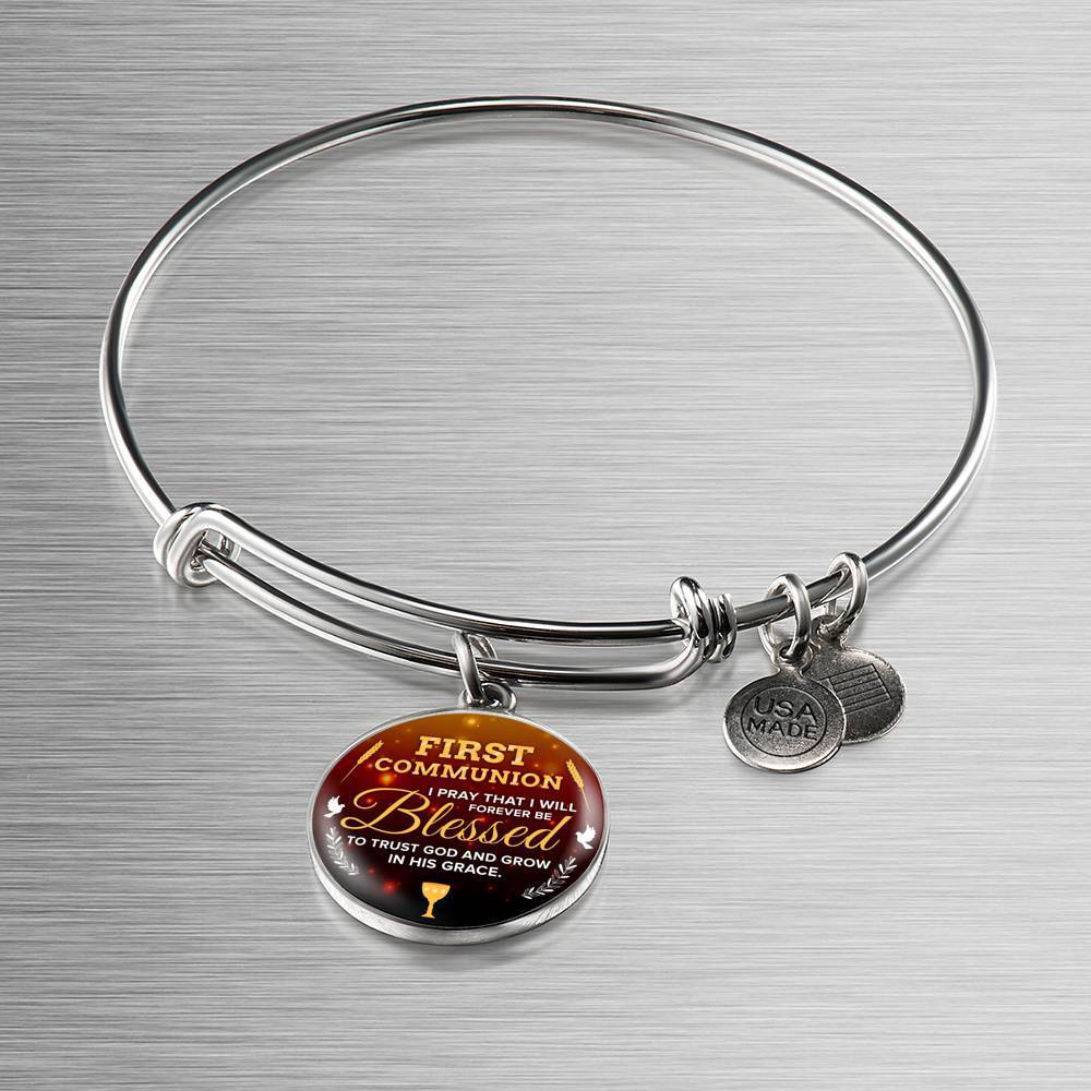 Forever Be Blessed First Communion Stainless Steel or 18k Gold Circle Bangle Bracelet - Express Your Love Gifts