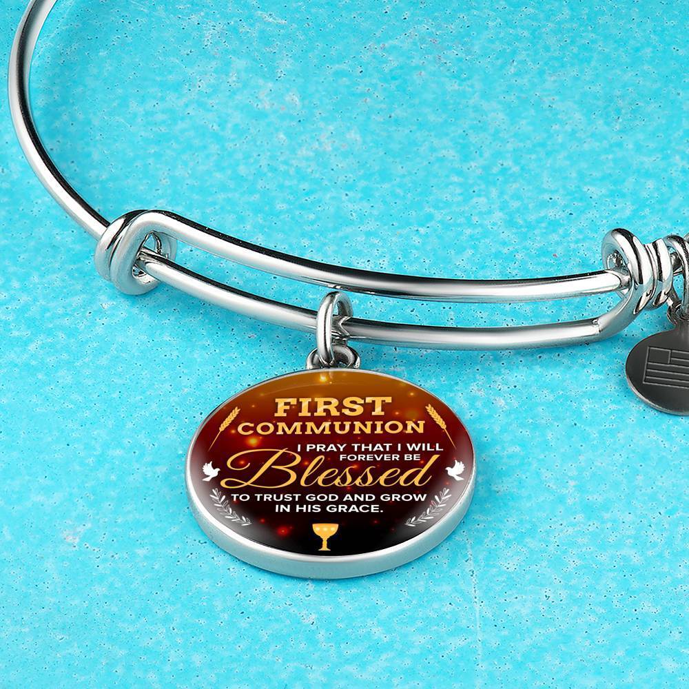Forever Be Blessed First Communion Stainless Steel or 18k Gold Circle Bangle Bracelet - Express Your Love Gifts
