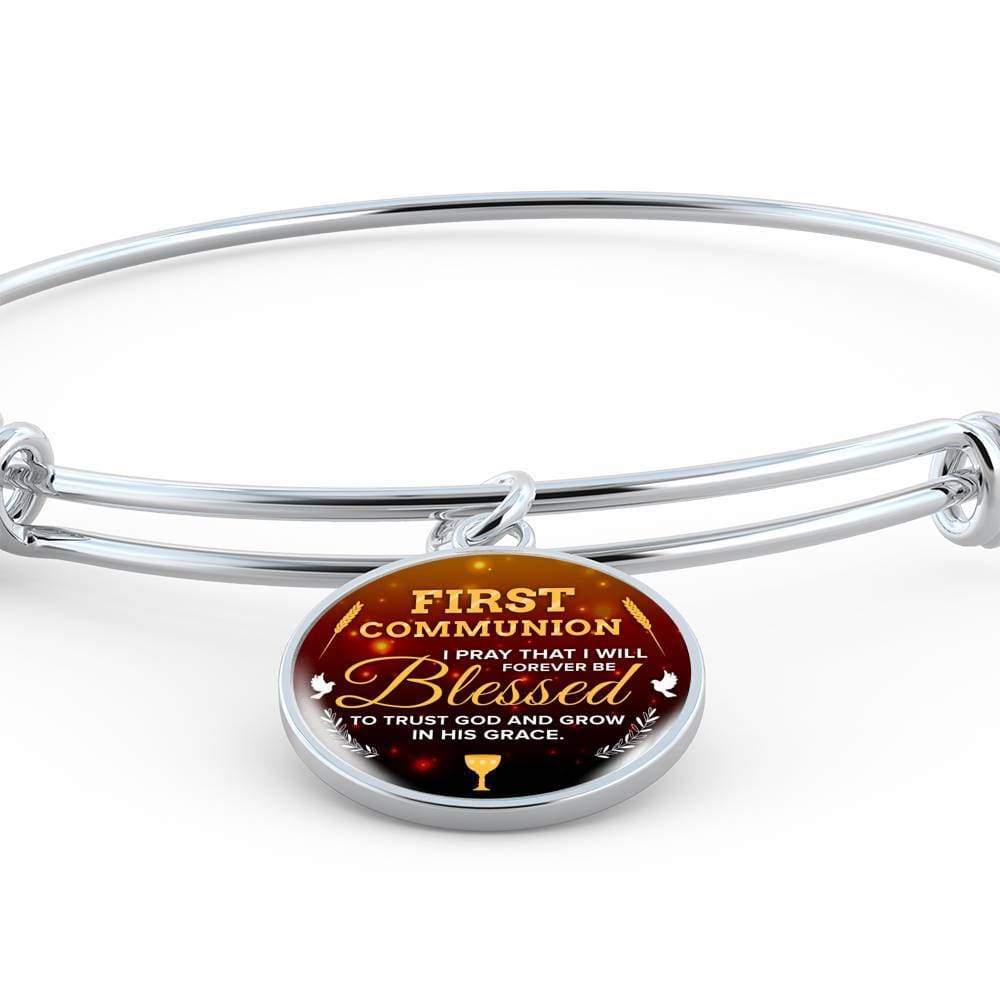 Forever Be Blessed First Communion Stainless Steel or 18k Gold Circle Bangle Bracelet - Express Your Love Gifts