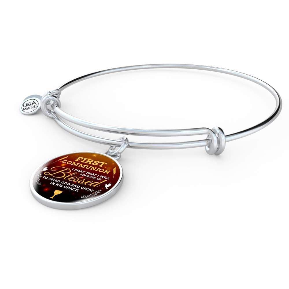 Forever Be Blessed First Communion Stainless Steel or 18k Gold Circle Bangle Bracelet - Express Your Love Gifts